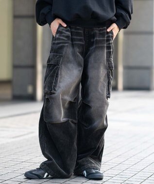 WEGO 【ウエストゴム/MLサイズ展開】イージーコーデュロイカーゴパンツ ブラックその他