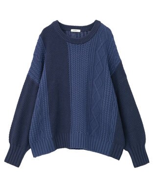 earth music&ecology 【洗濯機洗い可】アンチピリングC/Aパッチワークケーブルニット ネイビー