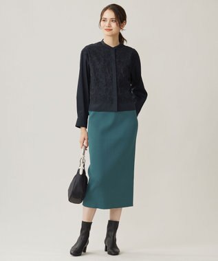 自由区 【洗える】リブストレッチタイト スカート ボトルグリーン