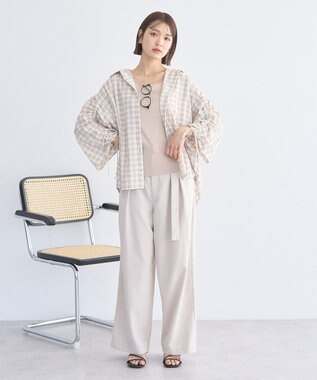 earth music&ecology シャーリングスリーブチェックシャツ Light Beige