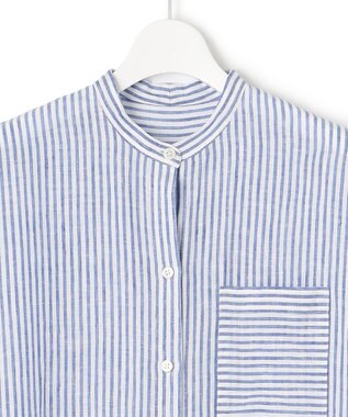 23区 【洗える】LIBECO ノースリーブ シャツ ワンピース ブルーストライプ