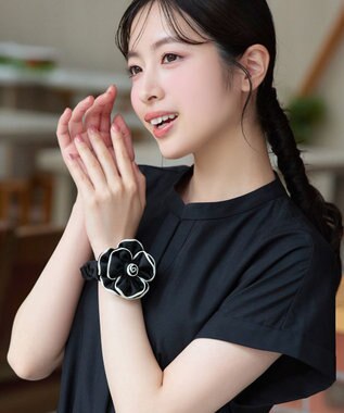Tiaclasse 配色パイピングフラワーヘアゴム ブラック