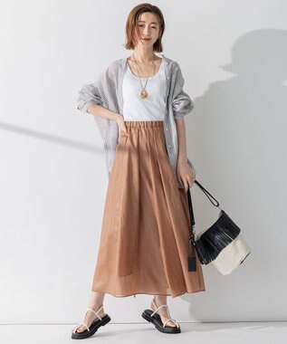 23区 【WEB限定カラーあり/洗える】LIBECO バンドカラー ビッグシルエット シャツ ダークブラウンストライプ