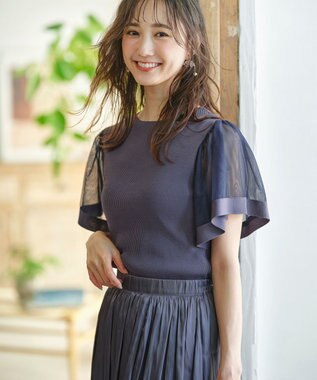  【洗える】チュールスリーブ ニット