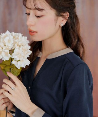 Tiaclasse 【洗える】クレリックシャツチュニックブラウス ネイビー×グレージュ