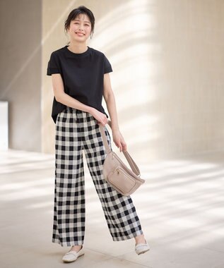 ANY 【ウエストゴム】リネンレーヨンワイドパンツ ブロックチェック