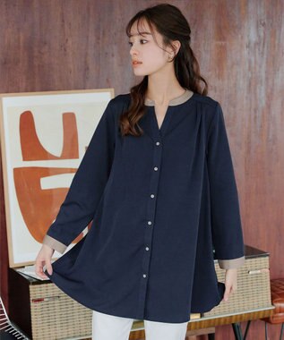 Tiaclasse 【洗える】クレリックシャツチュニックブラウス ネイビー×グレージュ