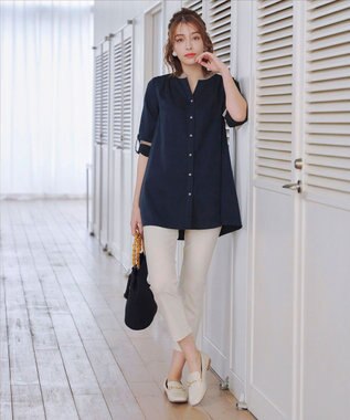 Tiaclasse 【洗える】クレリックシャツチュニックブラウス ネイビー×グレージュ