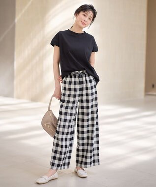ANY 【ウエストゴム】リネンレーヨンワイドパンツ ブロックチェック