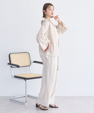 earth music&ecology シャーリングスリーブチェックシャツ Light Beige