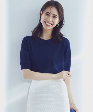 23区 L 【WEB限定】レーヨンポリエステルストレッチ 襟デザイン ニット ネイビー系