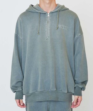 WEGO ピグメントハーフZIPロゴプルパーカー カーキ