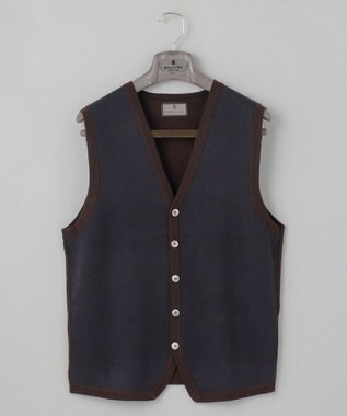 GOTAIRIKU 体温調整に【洗える/チクチクしにくい/ピリングしにくい】イタリア糸 ハイゲージ ベスト_WOOL100% ダークブラウン×ネイビー細チェック
