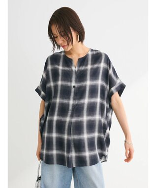 Green Parks リネンレーヨン前立てブラウス Check