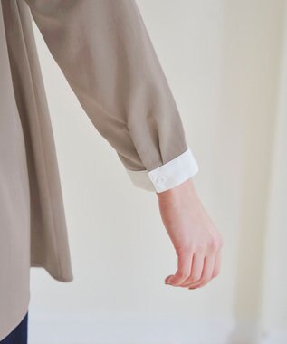Tiaclasse 【洗える】クレリックシャツチュニックブラウス グレージュ×オフホワイト