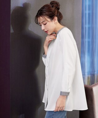 Tiaclasse 【洗える】クレリックシャツチュニックブラウス オフホワイト×サックス