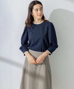 組曲 【洗える】バイカラージョーゼットバックリボン ブラウス ネイビー系