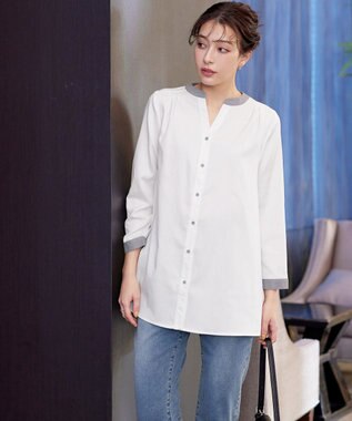 Tiaclasse 【洗える】クレリックシャツチュニックブラウス オフホワイト×サックス