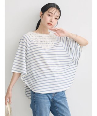 earth music&ecology 襟レースボーダーポンチョ Sax