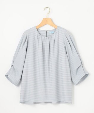 組曲 L 【WEB限定】ボーダージャガード タック袖ブラウス ダスティブルー系