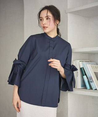 #Newans 【洗濯機可能/シワになりにくい】リボンカフスブラウス ネイビー