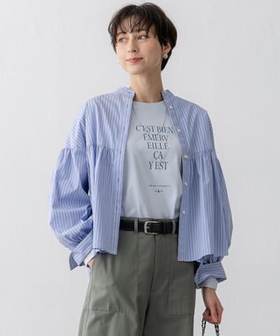 23区 S 【洗える】CANCLINI ギャザー フレア ブラウス ブルー×イエローストライプ