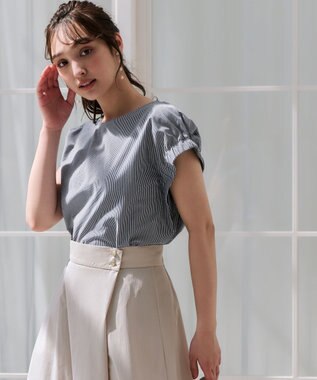 ANY SIS S 【洗える】シルケットストライプフレンチスリーブ カットソー ネイビーストライプ