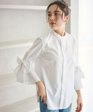 #Newans 【洗濯機可能/シワになりにくい】リボンカフスブラウス ホワイト