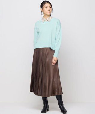 組曲 レザーライクサテン プリーツスカート ダークブラウン系