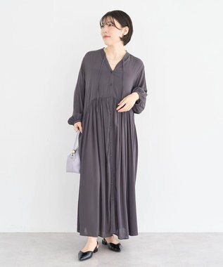 Green Parks スキッパーギャザーワンピース Charcoal Gray