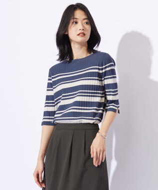 J.PRESS LADIES L 【洗える】レーヨンエリートストレッチ ボーダー ニット ブルーグレー×グレージュ系