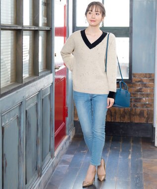 Tiaclasse L 【洗える】表情豊かなメランジニットVネックトップス アイボリー×ブラック