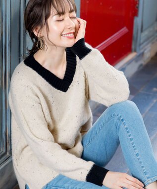 Tiaclasse L 【洗える】表情豊かなメランジニットVネックトップス アイボリー×ブラック