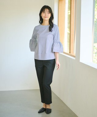 #Newans 【ANSWER for Co-Creation】ベルスリーブシンプルブラウス ネイビーストライプ系