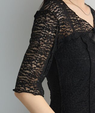 Green Parks カットワークデザインレース半袖トップス Black