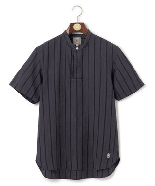 J.PRESS MEN 【HYBRID LINEN】ドビーストライプ バンドカラーラガーシャツ ネイビー系