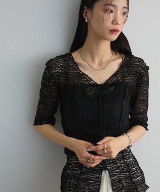 Green Parks カットワークデザインレース半袖トップス Black