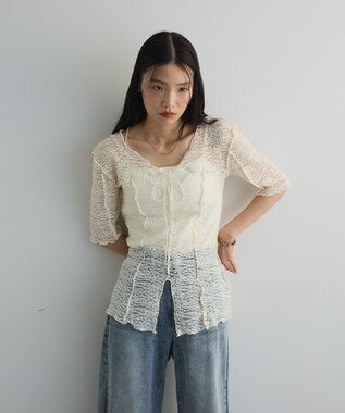 Green Parks カットワークデザインレース半袖トップス Off White