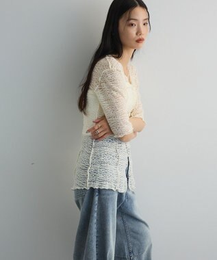 Green Parks カットワークデザインレース半袖トップス Off White