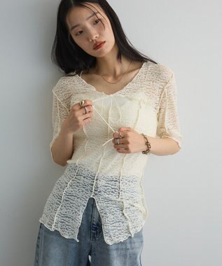 Green Parks カットワークデザインレース半袖トップス Off White