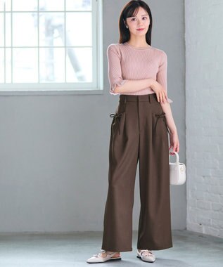Feroux リボンディテール セミワイドパンツ ダークブラウン系