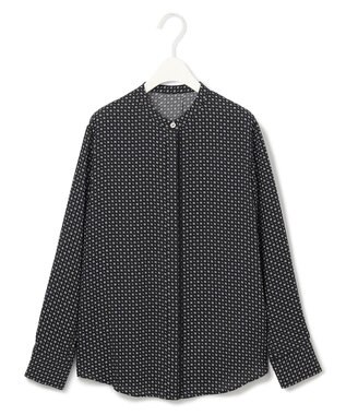 ICB L 【UVケア・速乾・洗える】BackSatinAmunzen バンドカラーブラウス ブラック×オフ柄系