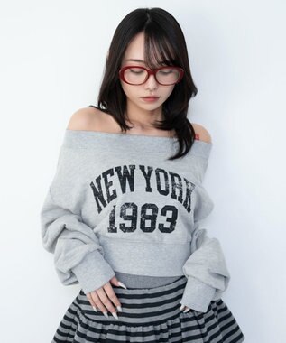 WEGO グラフィックオフショルショートスウェット 杢グレー