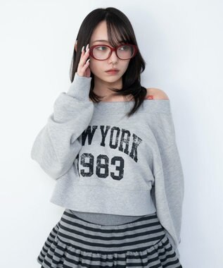 WEGO グラフィックオフショルショートスウェット 杢グレー