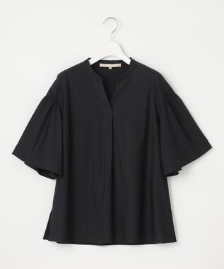 自由区 L 【洗える】ストレッチシャーティング 5分袖 フレアスリーブブラウス ブラック系1