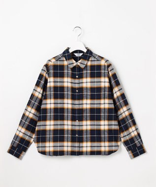 J.PRESS LADIES コットン起毛タータンチェック ショート丈 シャツ ブラウス ネイビー×オフ×イエローチェック系