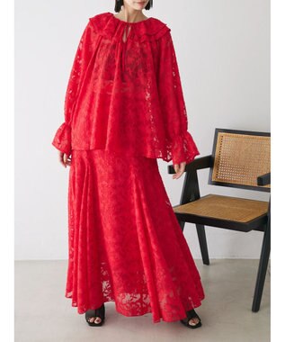 Green Parks シアージャガード花柄ボリュームスカート Red