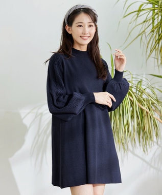 Tiaclasse 【洗える】袖ケーブルニットチュニック ネイビー