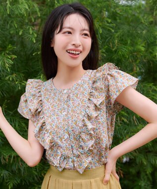 Tiaclasse L 花柄フリルブラウス オフホワイト