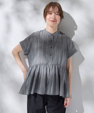 ANY L 半袖ティアードブラウス チャコール×ストライプ